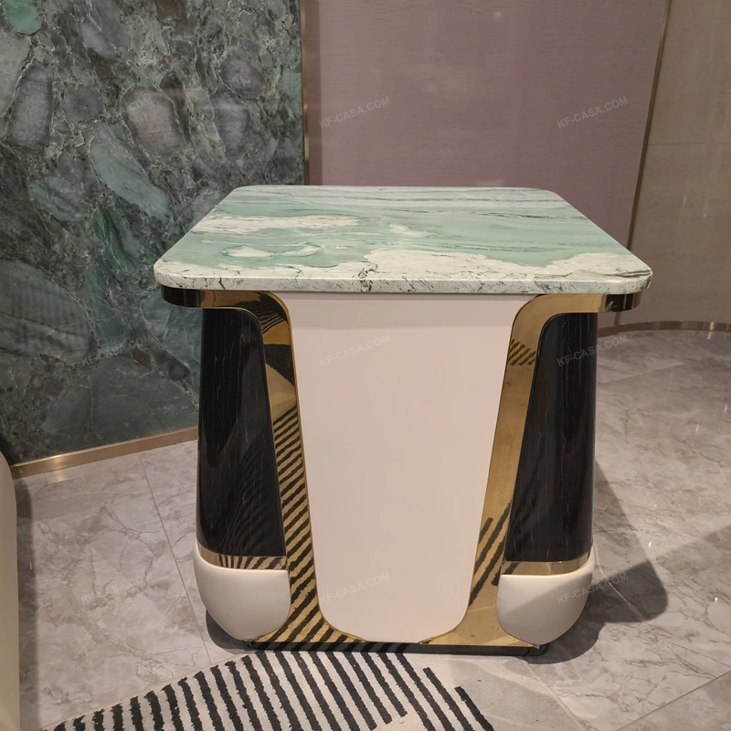 Square Pale Green Marble Side Table with White Panel and Dark High-Gloss Wood Sides